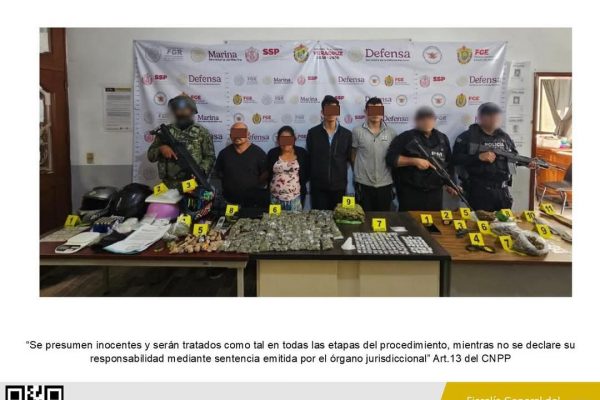DETENCIÓN DE CINCO PERSONAS, ENTRE ELLAS UN ADOLESCENTE DE IDENTIDAD RESGUARDADA Y OBJETOS ASEGURADOS EN DOS CATEOS CON FUERZAS FEDERALES EN TLAPACOYAN